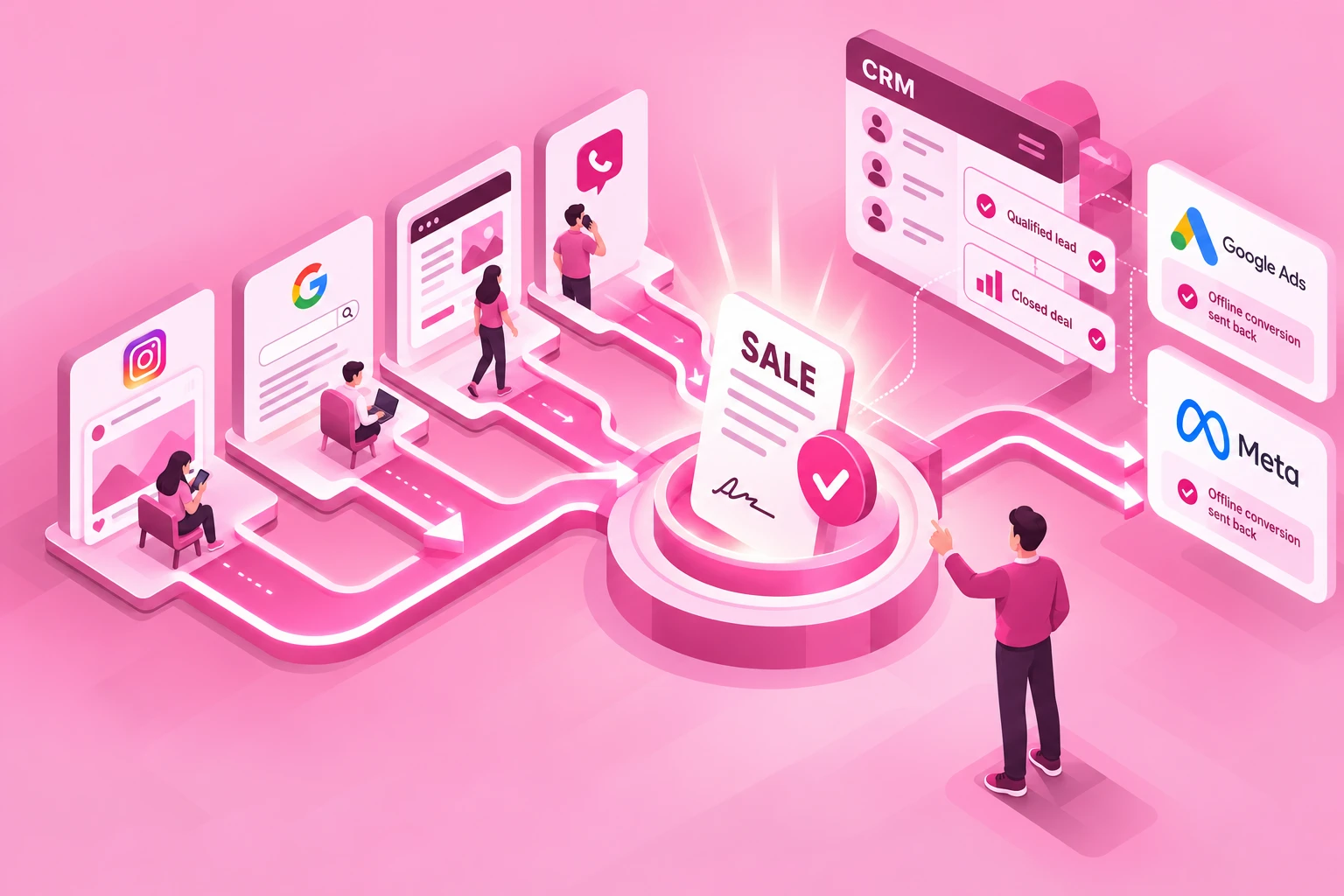 A buyer's path from an Instagram ad, a Google search, the website and a phone call to a signed sale, tracked in the CRM as a qualified lead and closed deal, with offline conversions sent back to Google Ads and Meta